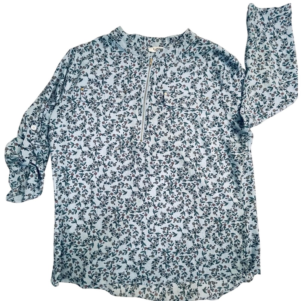 Lomon Womens Light Blue Floral Half Zip Roll Tab‎ Sleeve Blouse Top Size XL